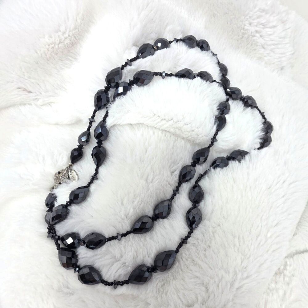 Vintage VENDOME Faceted Black AB Crystal Glass Long Beaded Necklace Signed Tag